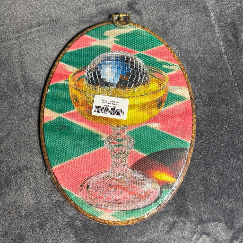 Retro Disco Ball Cocktail Glass Oval Canvas Wall Art 11.5x8.5 New